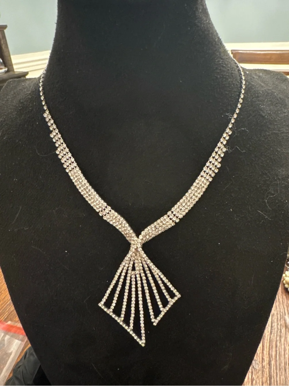 Rhinestone Choker Collar Necklace Silver Tone Y Drop Fringe Statement Jewelry